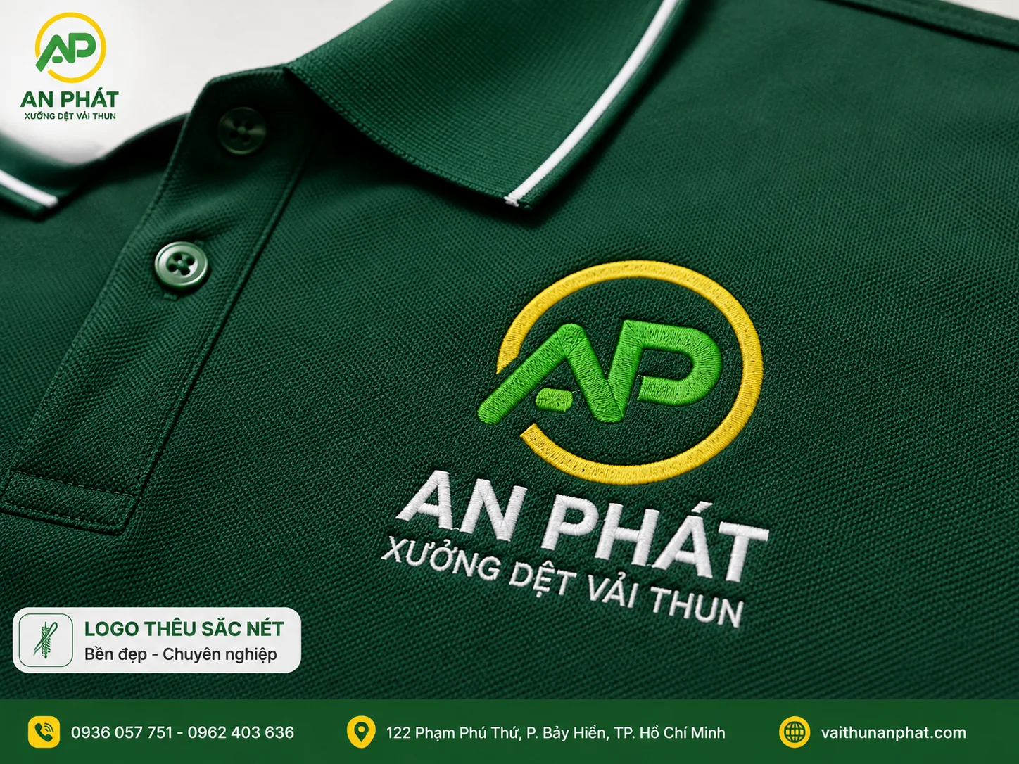 Logo An Phát thêu trên áo polo vải cá sấu Poly
